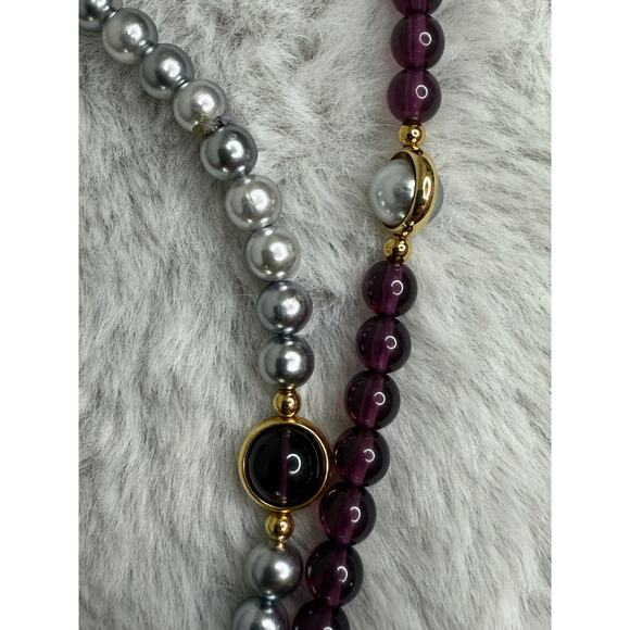 2pc Vintage Faux Pearl & Plum Bead Necklaces Set Gold Tone Accents 38” Each - Picture 3 of 6